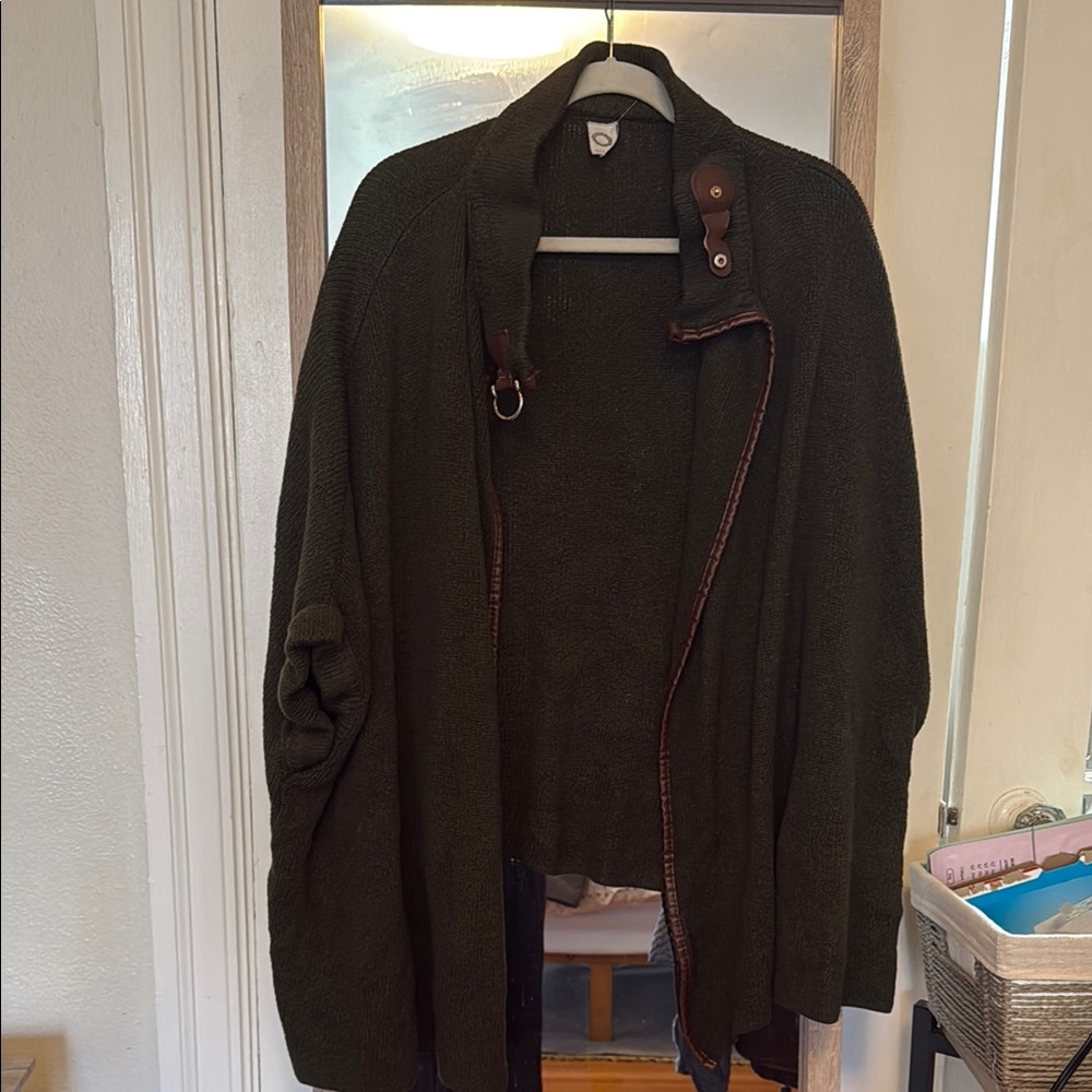Akemi + Kin Anthropologie Dark Green Sweater Poncho with Leather Accents